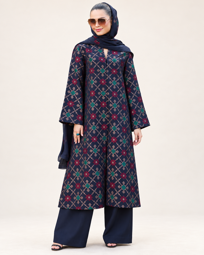 Navy Geometric Embroidered Dhanak 3-Piece Suit with Shawl