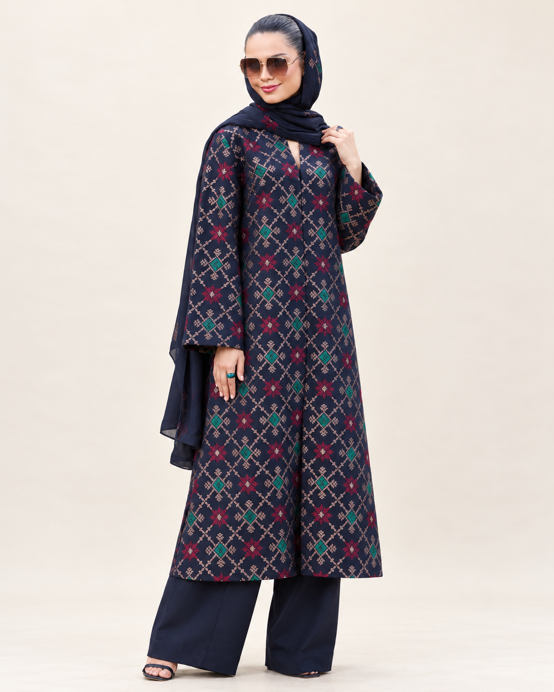 Navy Geometric Embroidered Dhanak 3-Piece Suit with Shawl