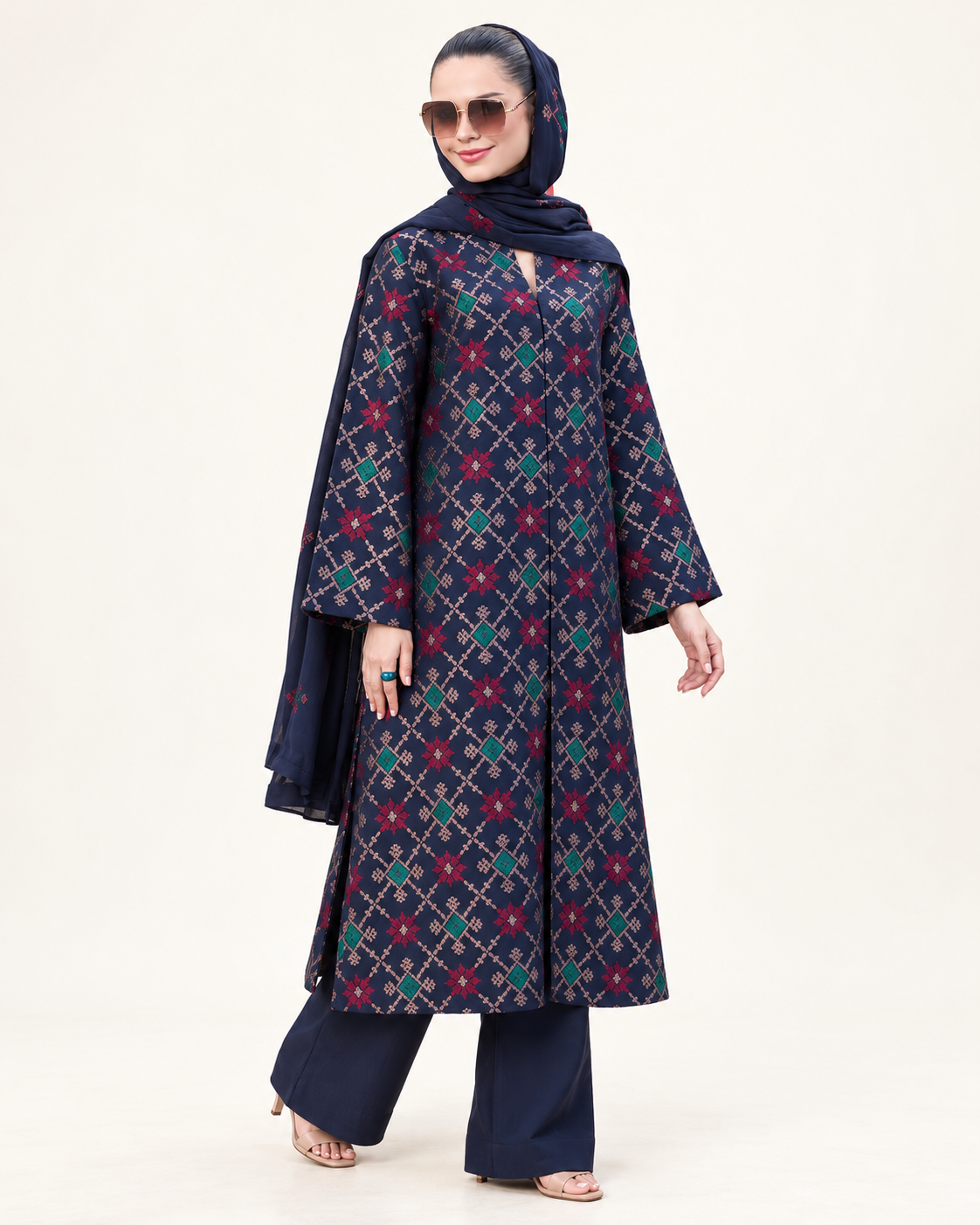 Navy Geometric Embroidered Dhanak 3-Piece Suit with Shawl