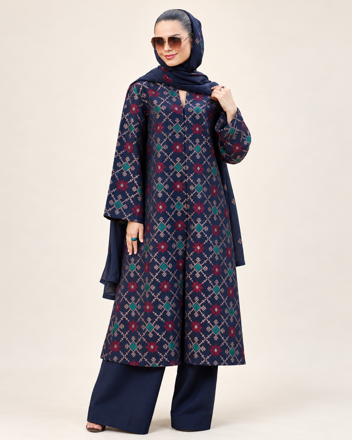 Navy Geometric Embroidered Dhanak 3-Piece Suit with Shawl