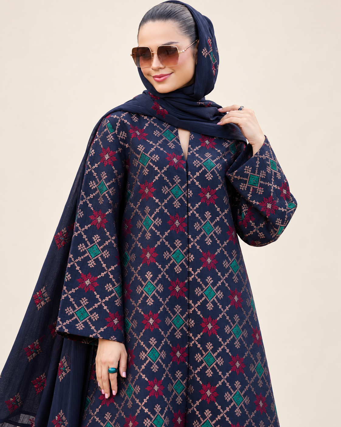 Navy Geometric Embroidered Dhanak 3-Piece Suit with Shawl