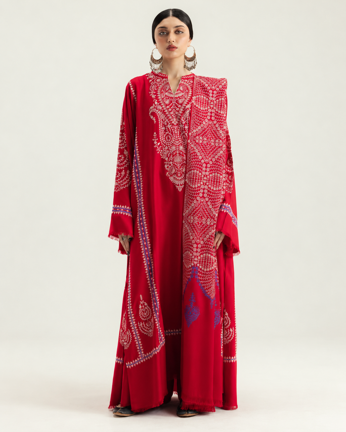 Red Embroidered Dhanak 3-Piece Suit with Shawl - AL-850