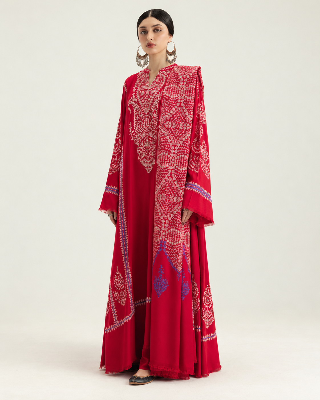 Red Embroidered Dhanak 3-Piece Suit with Shawl - AL-850