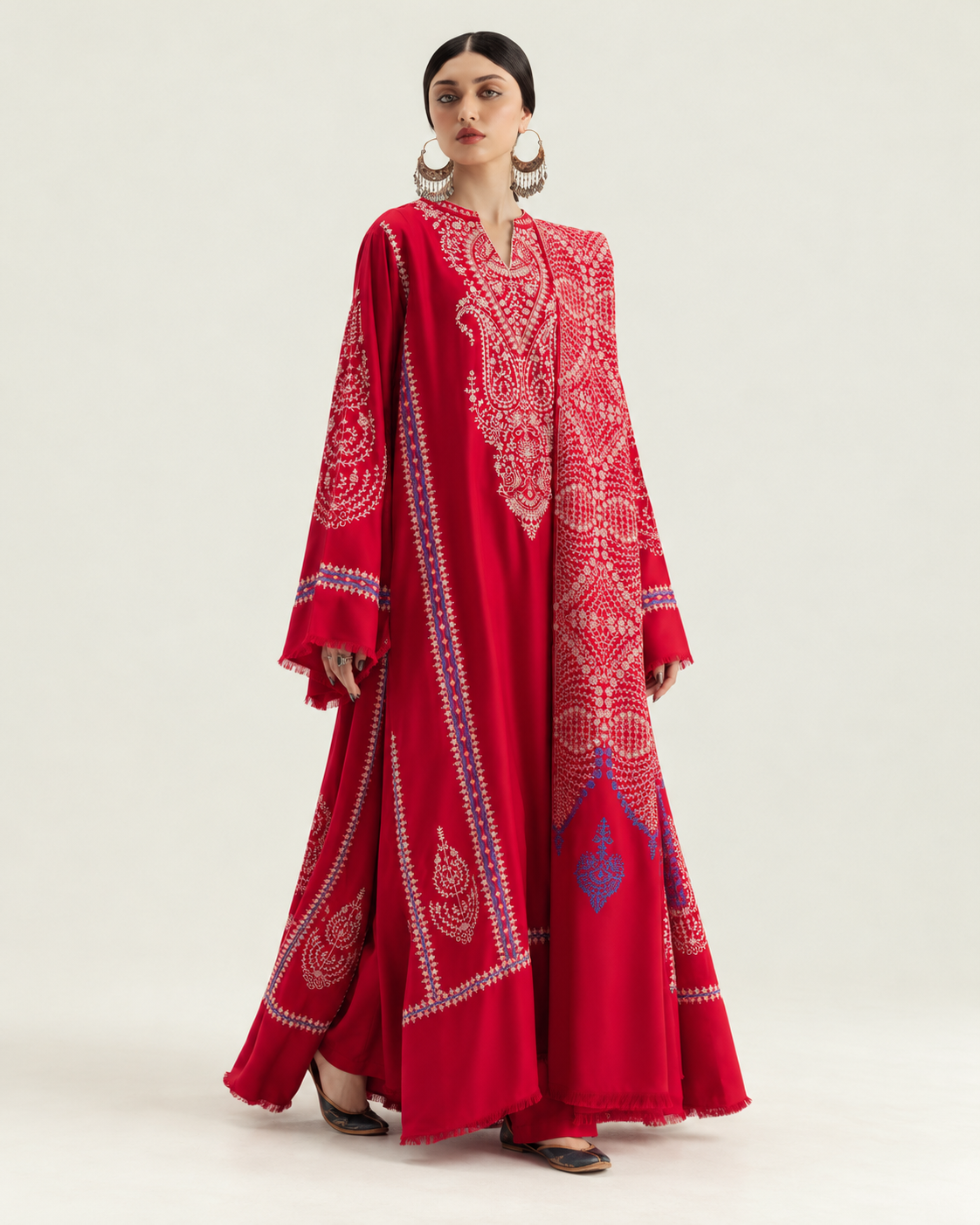 Red Embroidered Dhanak 3-Piece Suit with Shawl - AL-850