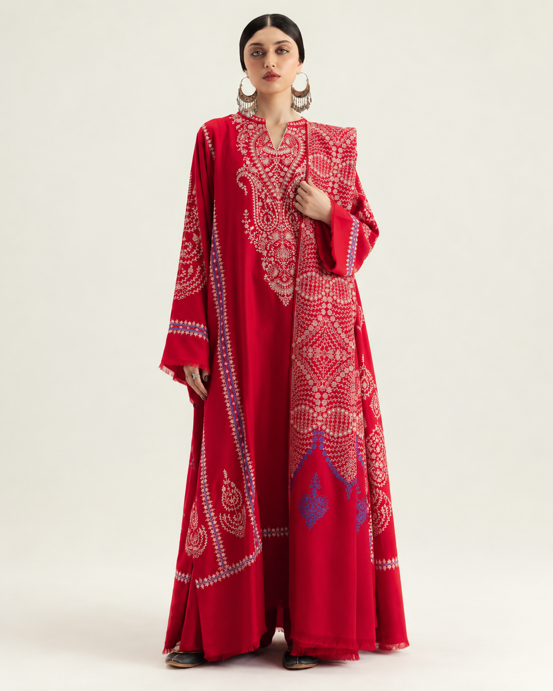 Red Embroidered Dhanak 3-Piece Suit with Shawl - AL-850