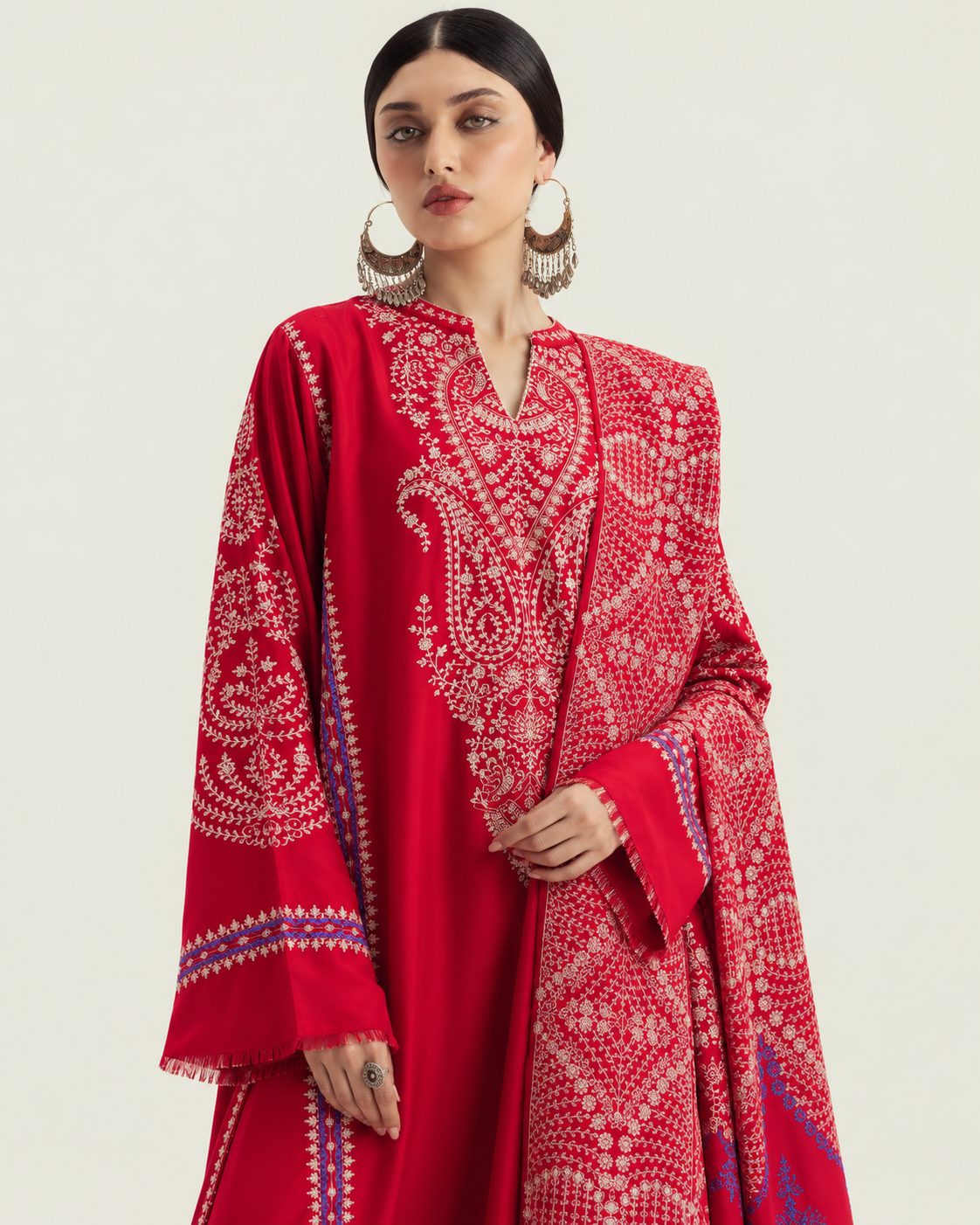 Red Embroidered Dhanak 3-Piece Suit with Shawl - AL-850