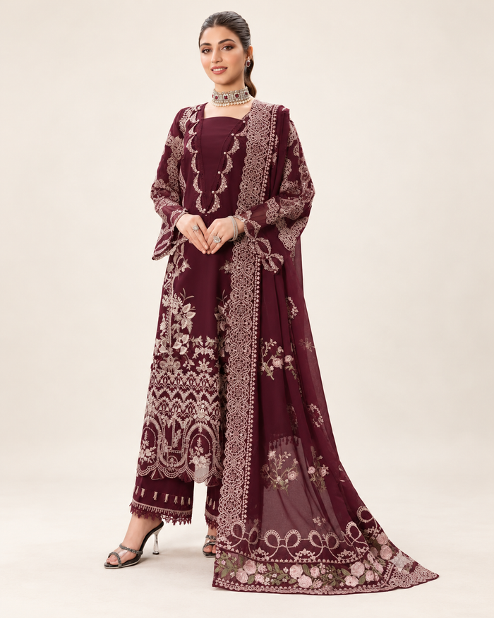 Wine Maroon Embroidered Dhanak 3-Piece Suit with Shawl - AL-811