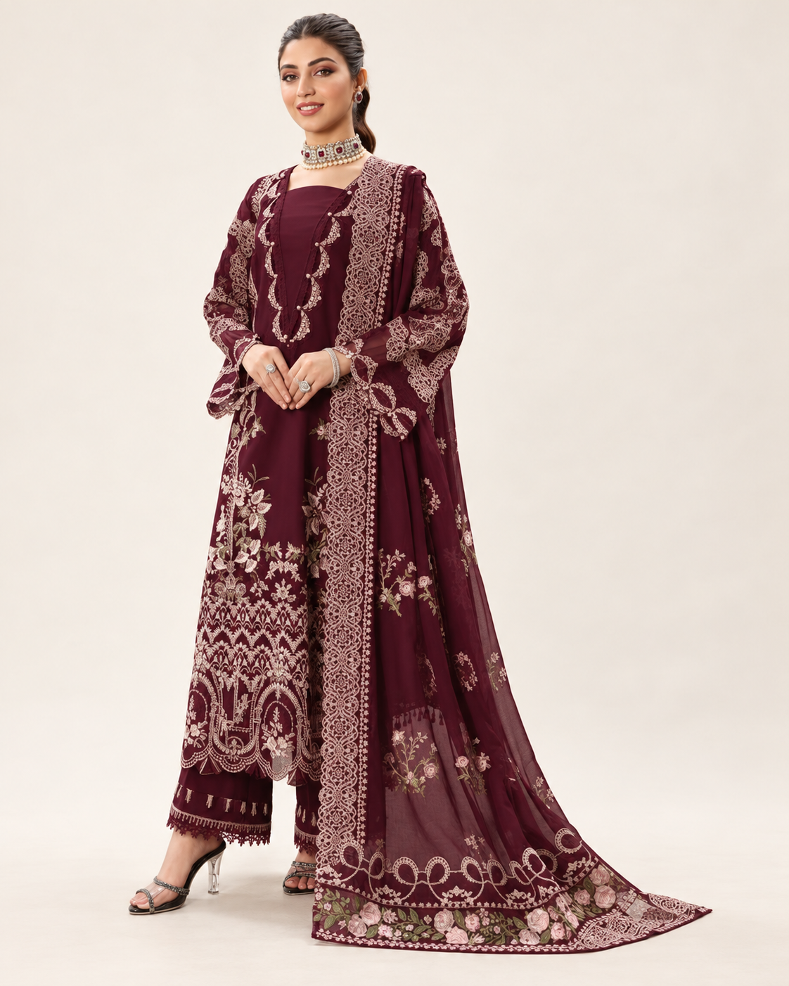 Wine Maroon Embroidered Dhanak 3-Piece Suit with Shawl - AL-811