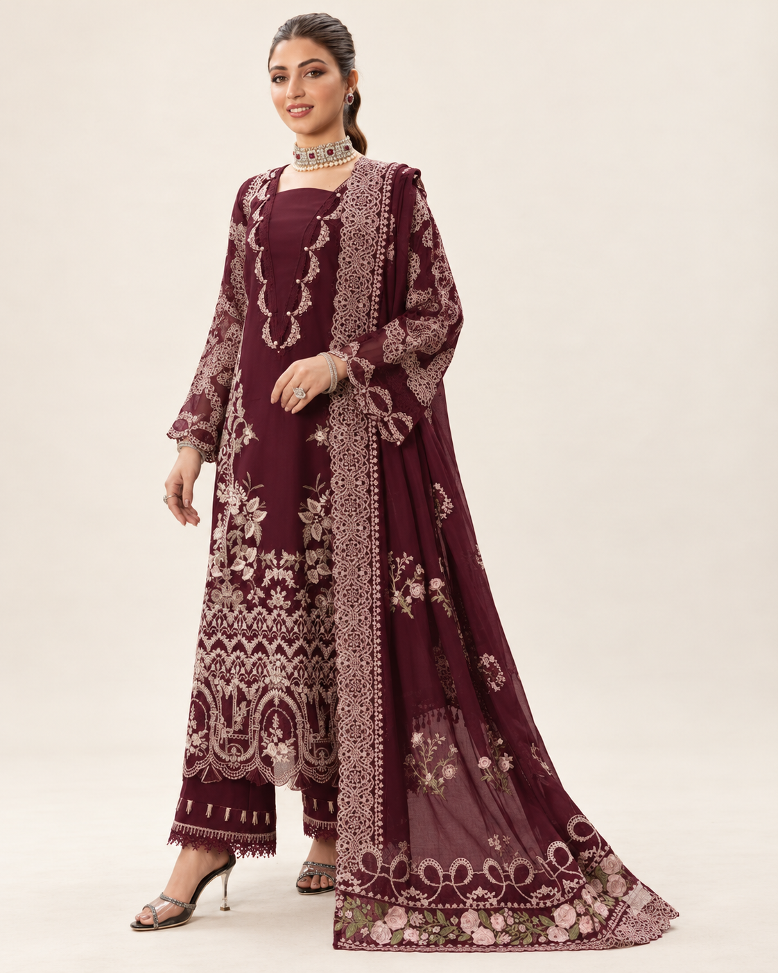 Wine Maroon Embroidered Dhanak 3-Piece Suit with Shawl - AL-811
