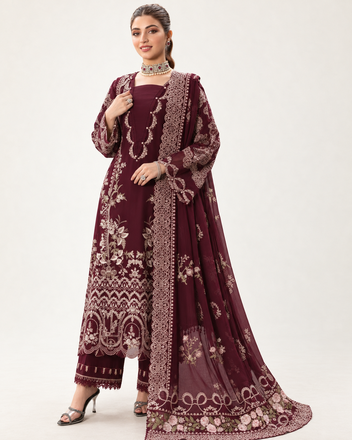 Wine Maroon Embroidered Dhanak 3-Piece Suit with Shawl - AL-811