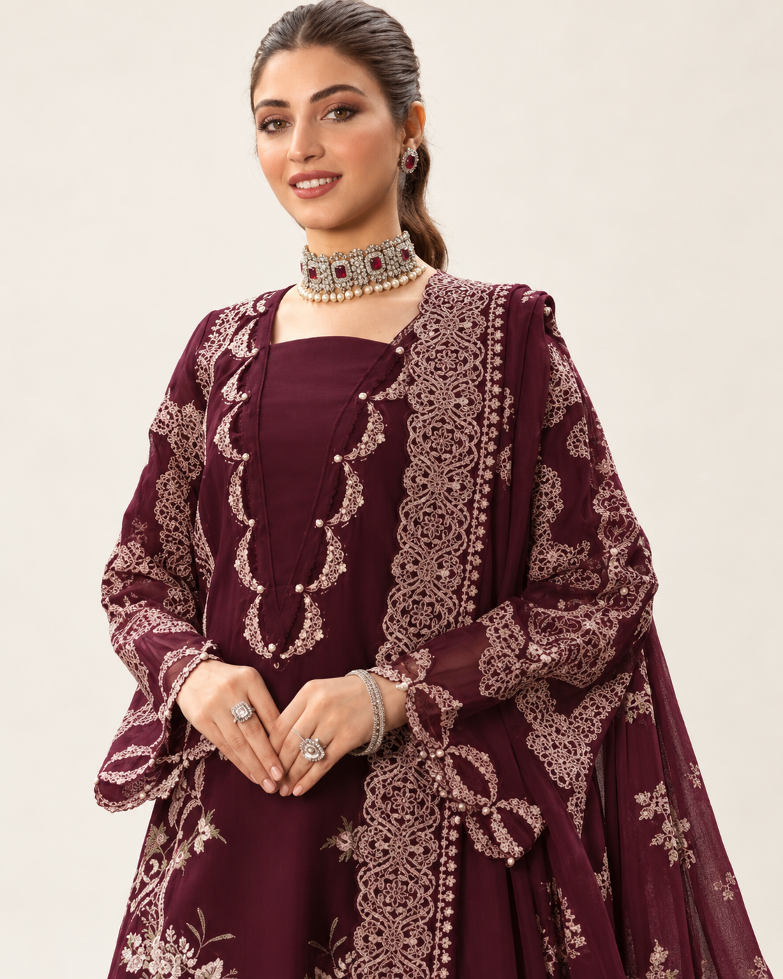 Wine Maroon Embroidered Dhanak 3-Piece Suit with Shawl - AL-811