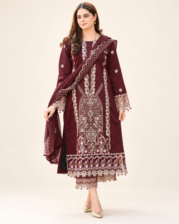 Burgundy Embroidered Dhanak 3-Piece Suit with Shawl - AL-828