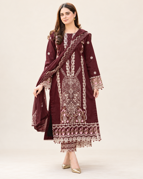 Burgundy embroidered Dhanak winter three-piece suit AL-828, image 2