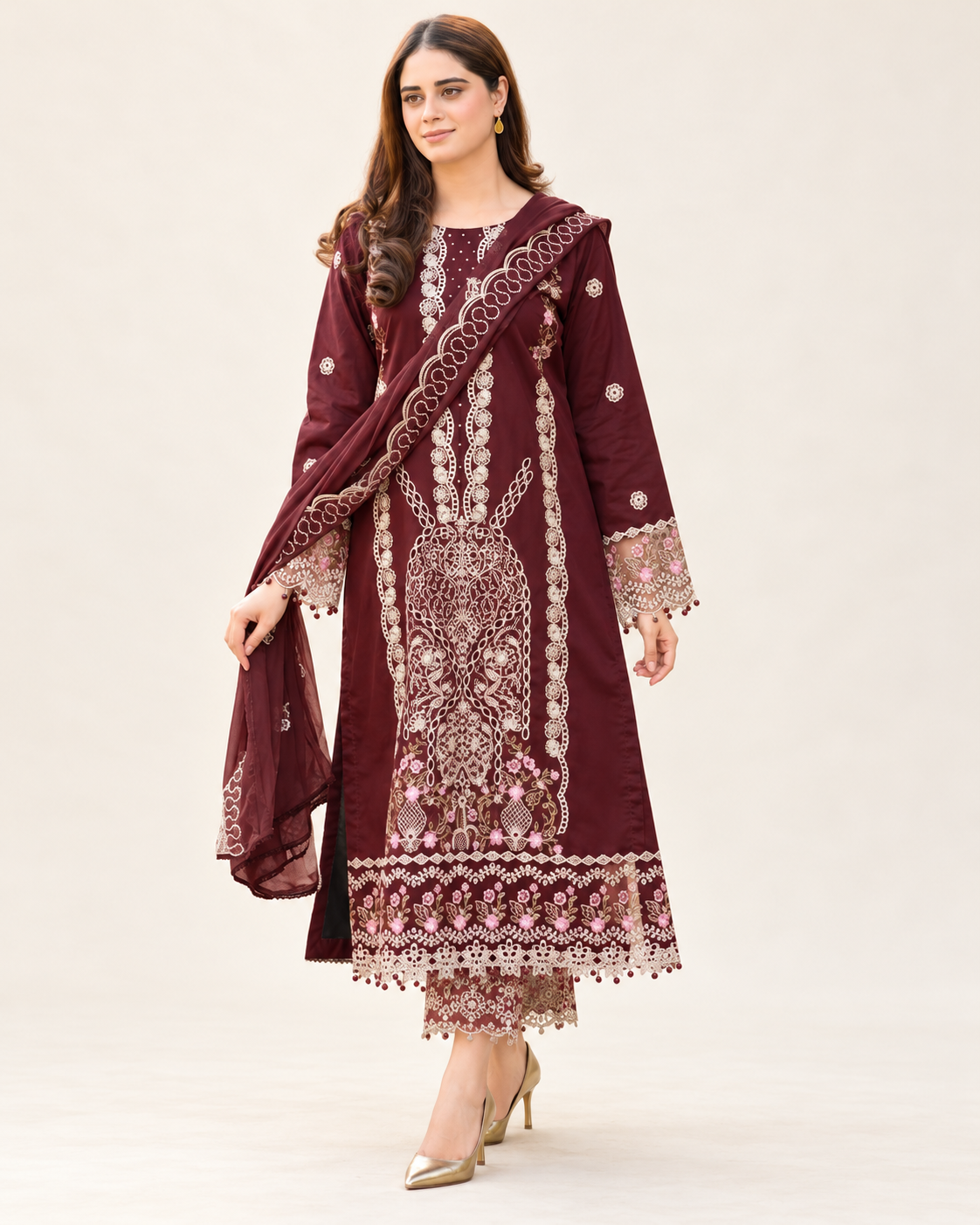 Burgundy Embroidered Dhanak 3-Piece Suit with Shawl - AL-828