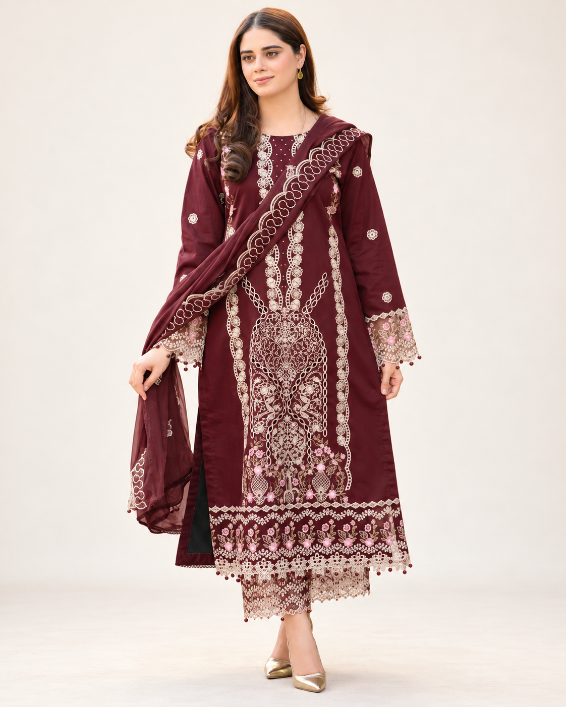 Burgundy Embroidered Dhanak 3-Piece Suit with Shawl - AL-828