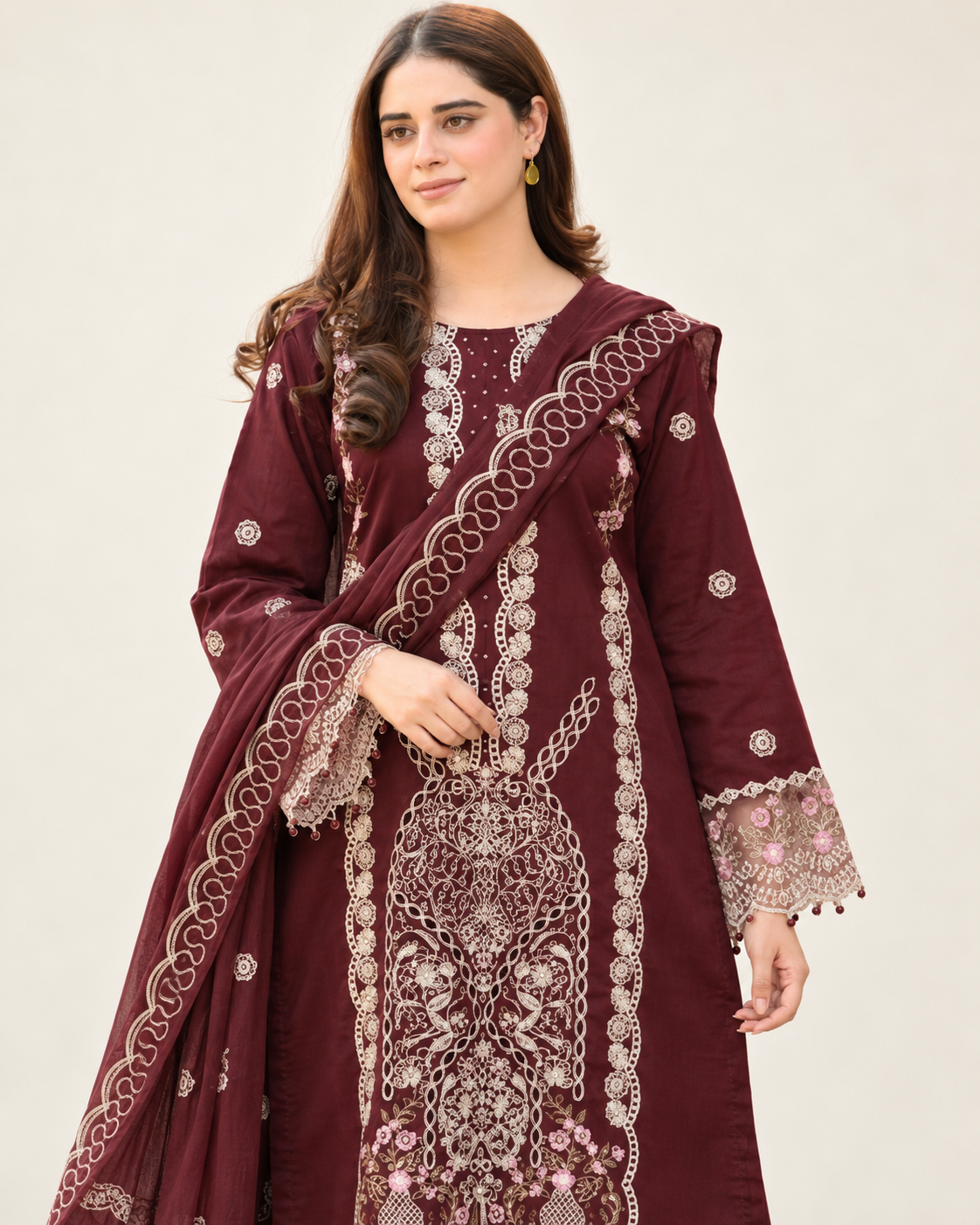 Burgundy Embroidered Dhanak 3-Piece Suit with Shawl - AL-828