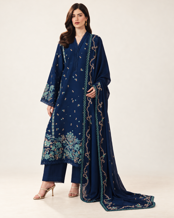 Navy Blue Embroidered Dhanak 3-Piece Suit with Shawl - AL-812