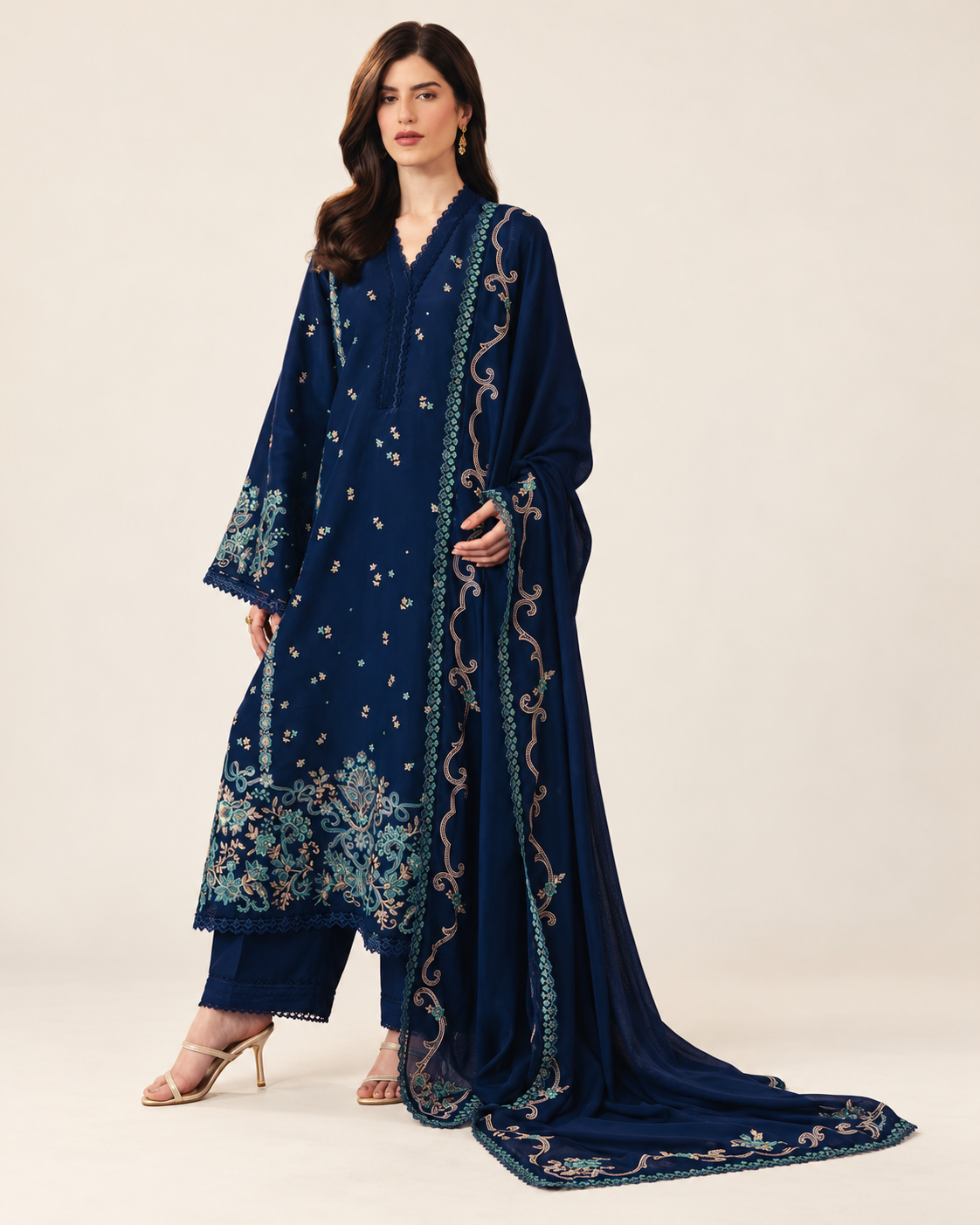 Navy Blue Embroidered Dhanak 3-Piece Suit with Shawl - AL-812