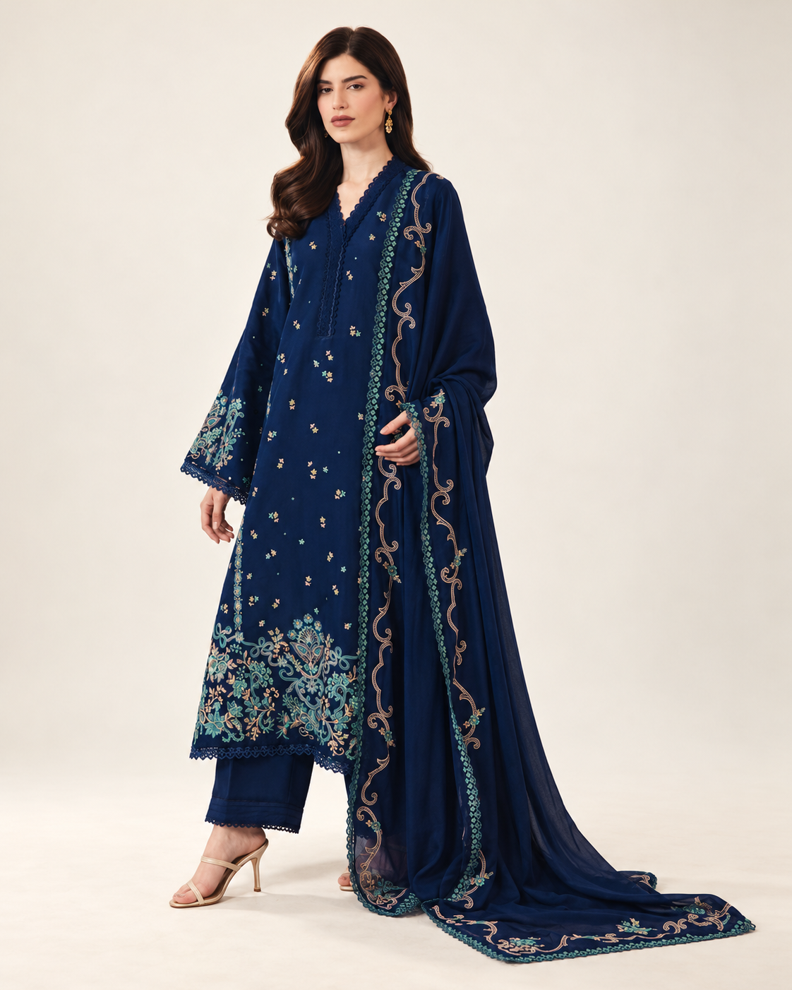 Navy Blue Embroidered Dhanak 3-Piece Suit with Shawl - AL-812