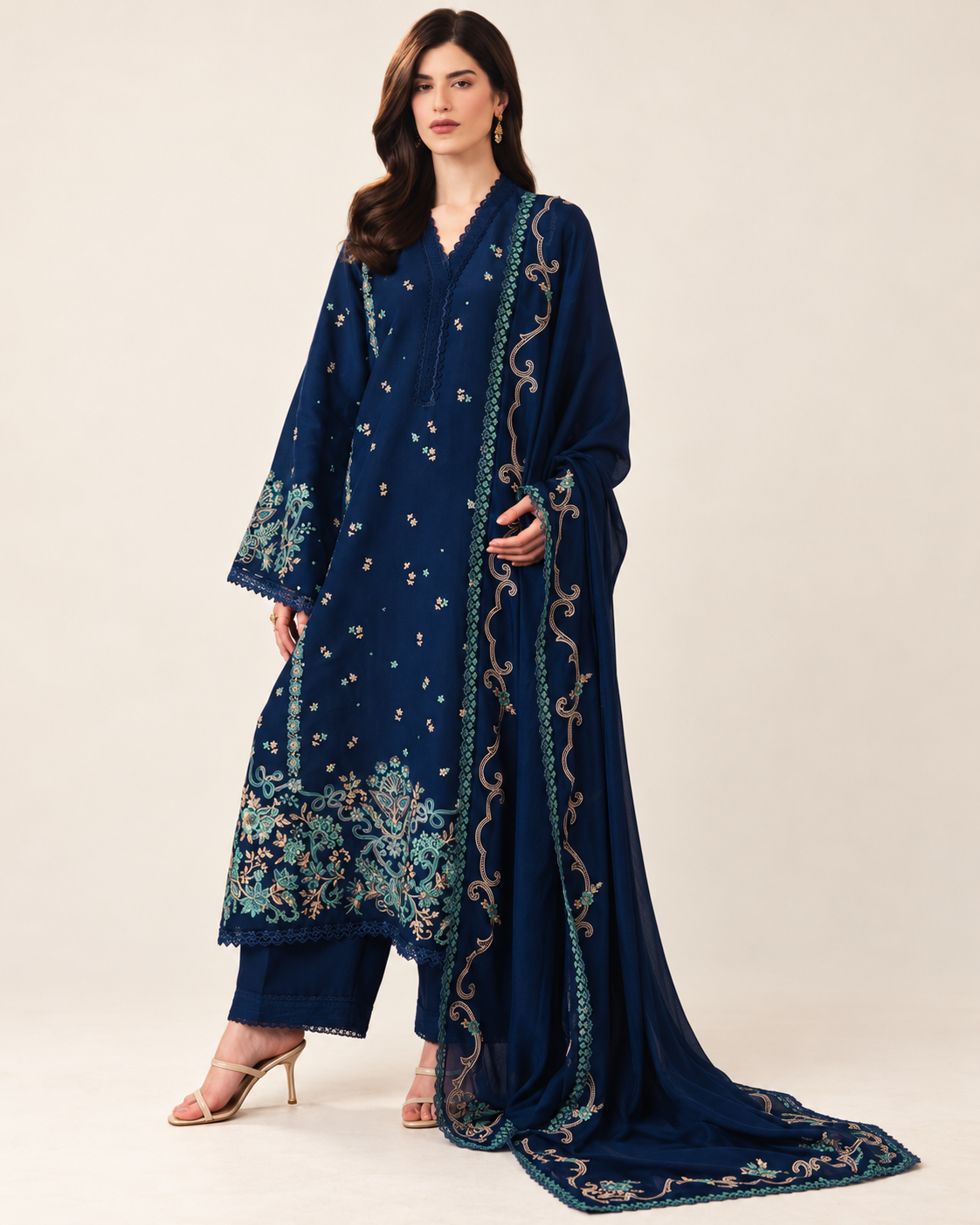 Navy Blue Embroidered Dhanak 3-Piece Suit with Shawl - AL-812