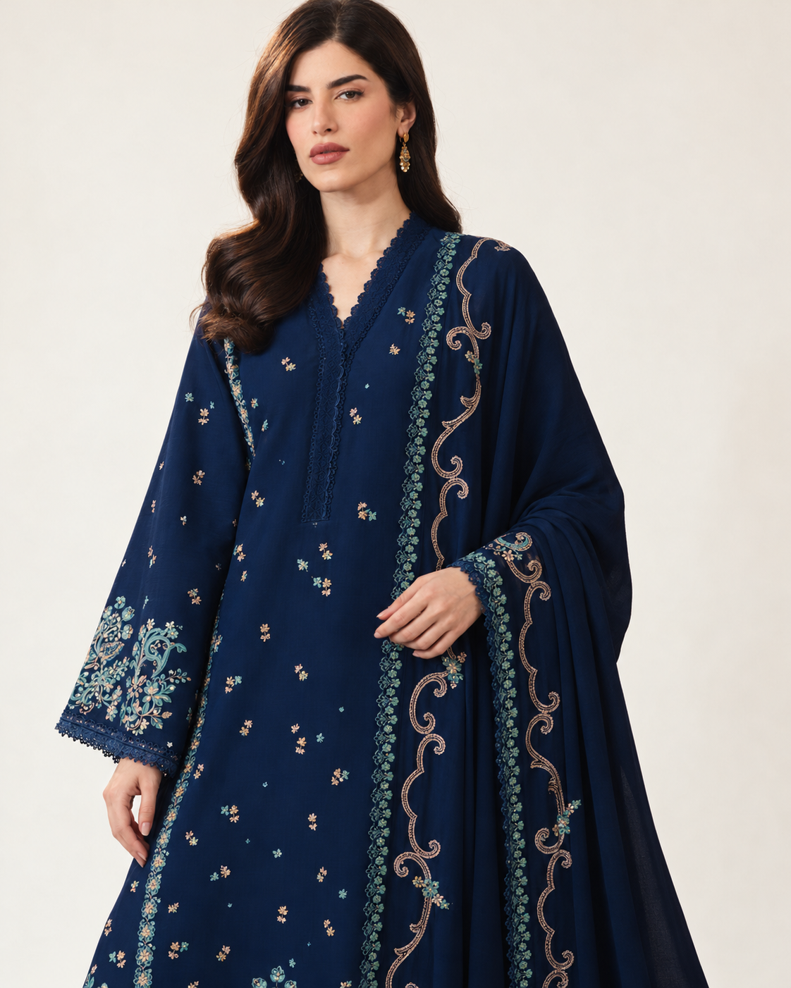 Navy Blue Embroidered Dhanak 3-Piece Suit with Shawl - AL-812