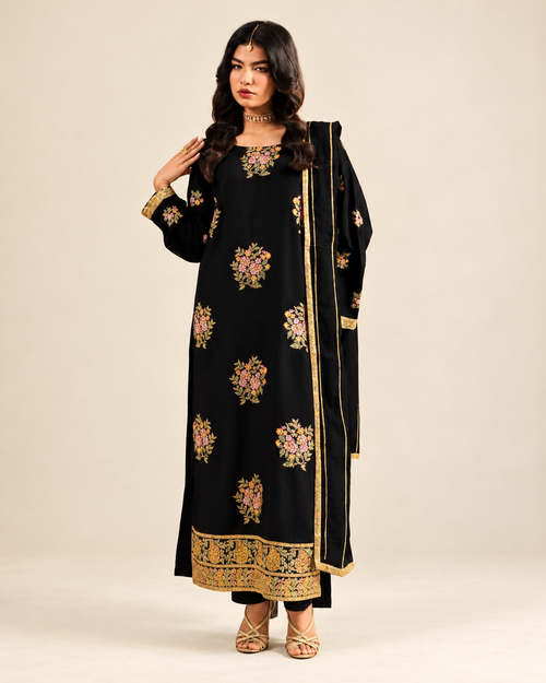 Black Floral embroidered Dhanak winter three-piece suit AL-846, image 1