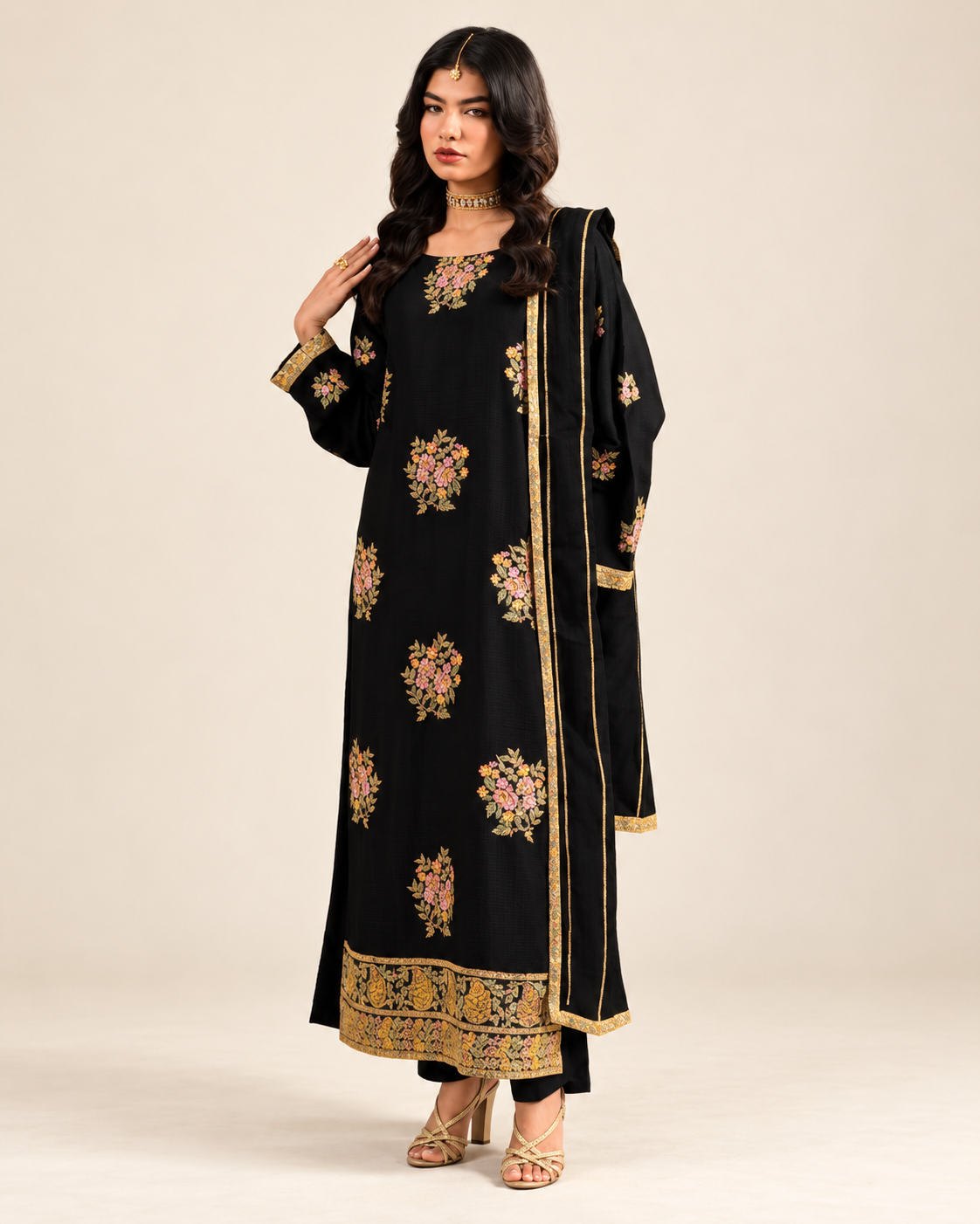 Black Floral Embroidered Dhanak 3-Piece Suit with Shawl - AL-846