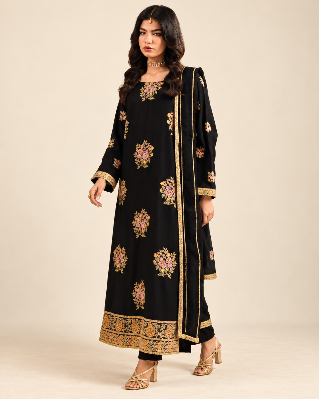 Black Floral Embroidered Dhanak 3-Piece Suit with Shawl - AL-846