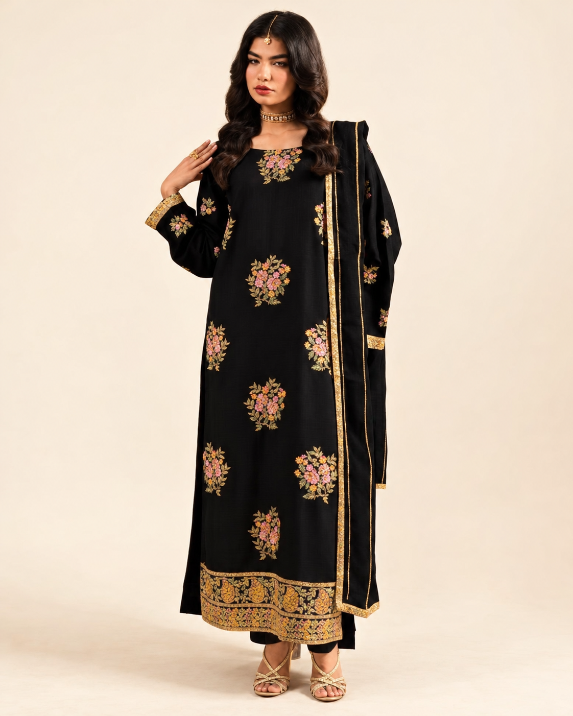 Black Floral Embroidered Dhanak 3-Piece Suit with Shawl - AL-846
