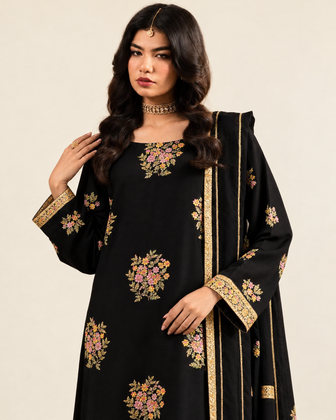 Black Floral Embroidered Dhanak 3-Piece Suit with Shawl - AL-846