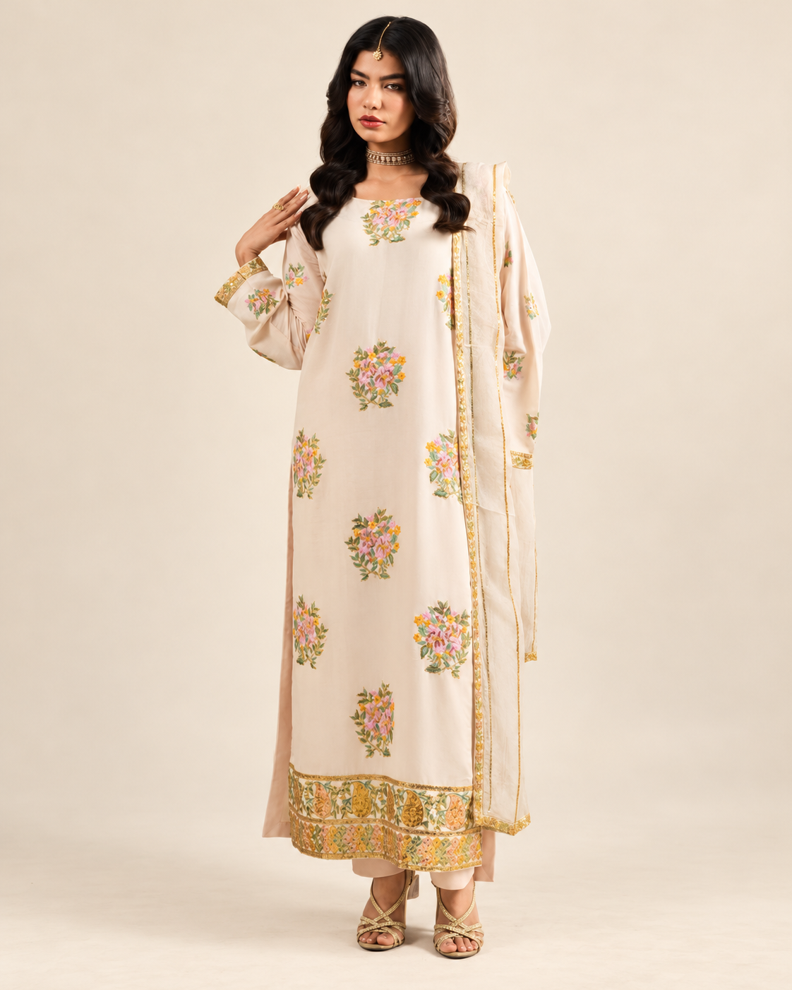 Ivory Floral Embroidered Dhanak 3-Piece Suit with Chiffon Dupatta - AL-846