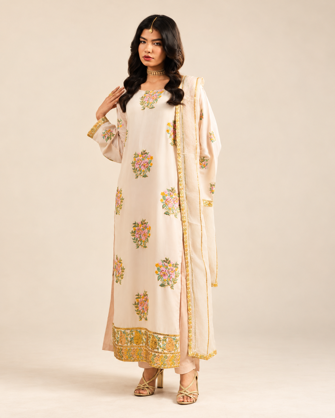 Ivory Floral Embroidered Dhanak 3-Piece Suit with Chiffon Dupatta - AL-846