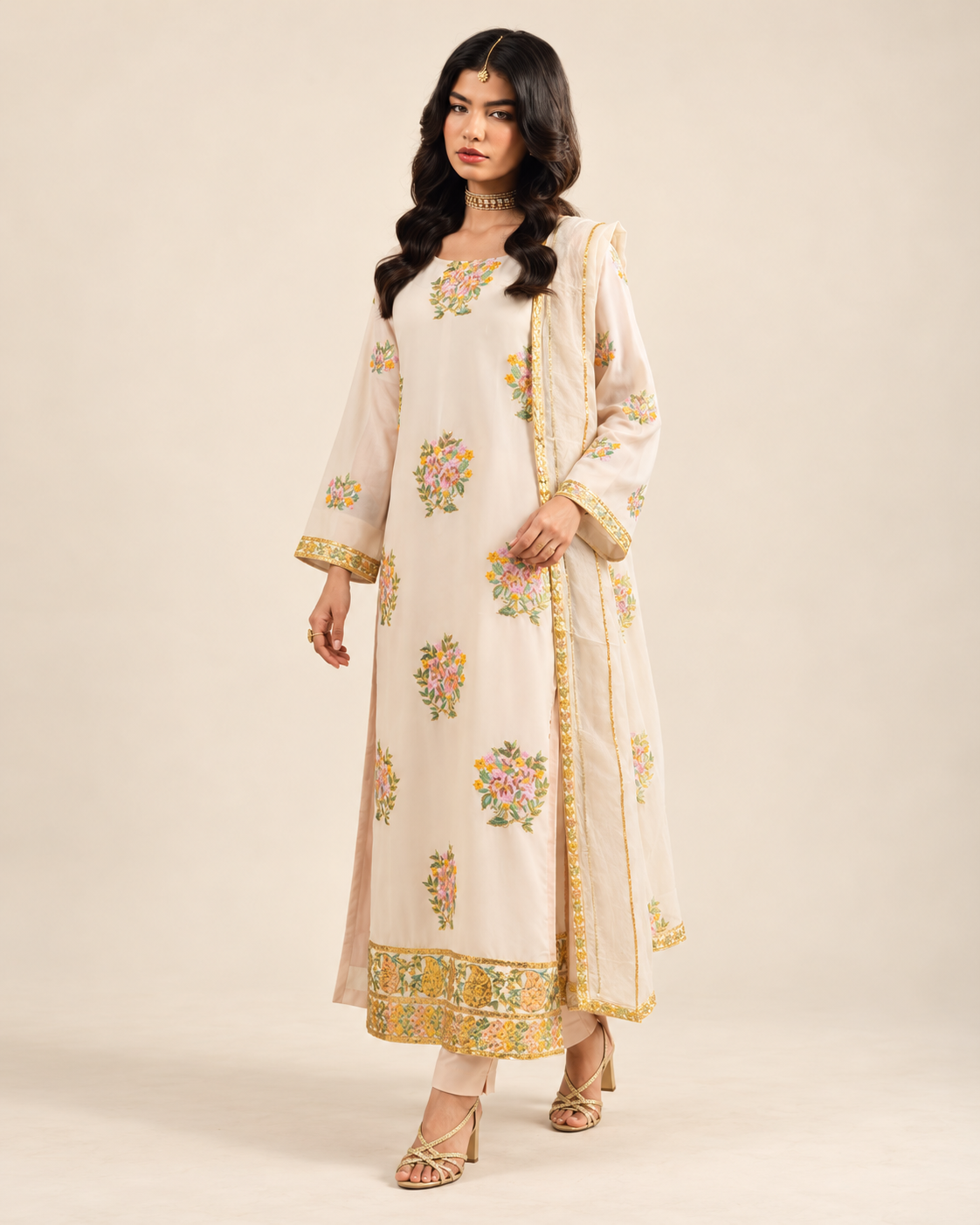 Ivory Floral Embroidered Dhanak 3-Piece Suit with Chiffon Dupatta - AL-846