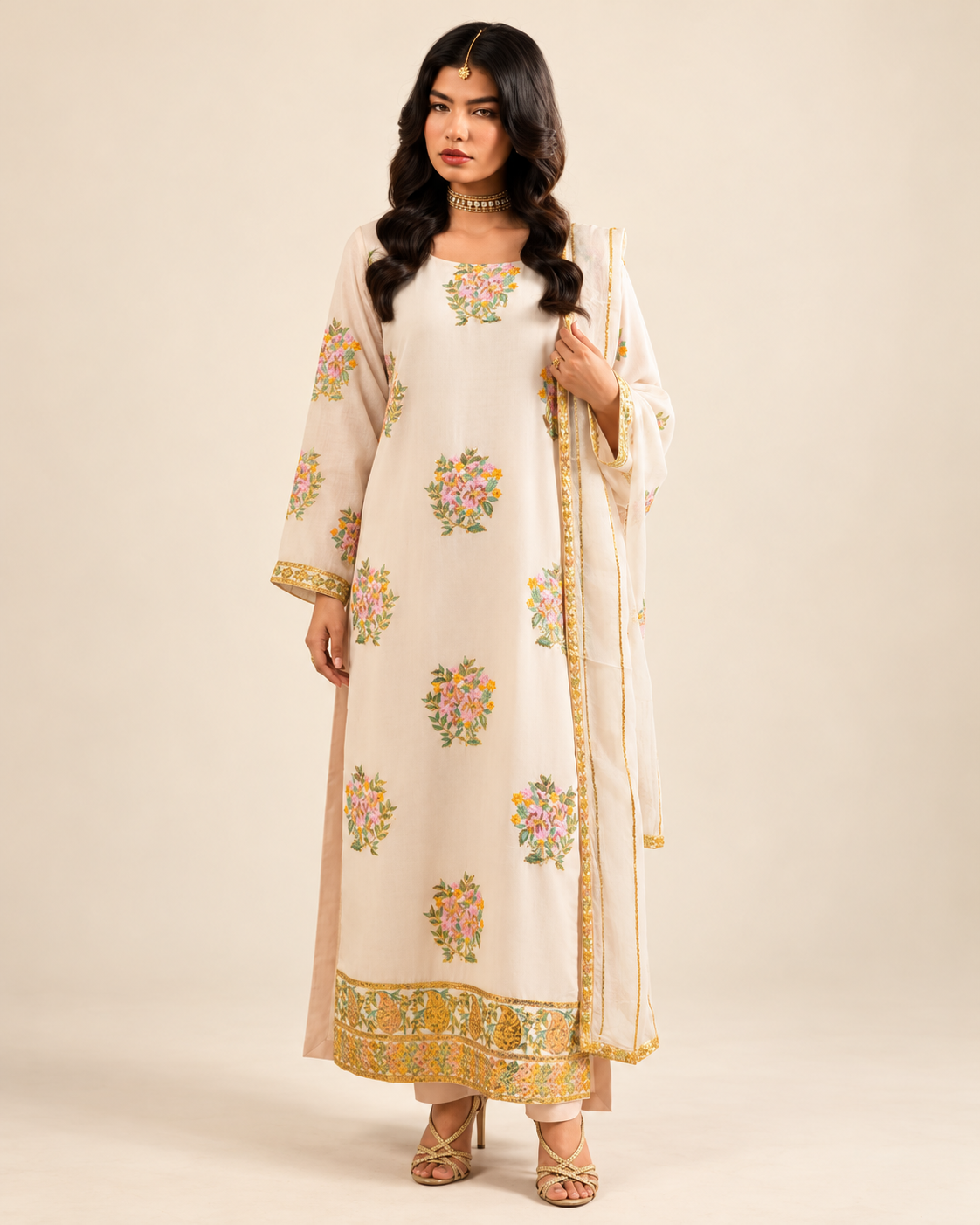 Ivory Floral Embroidered Dhanak 3-Piece Suit with Chiffon Dupatta - AL-846