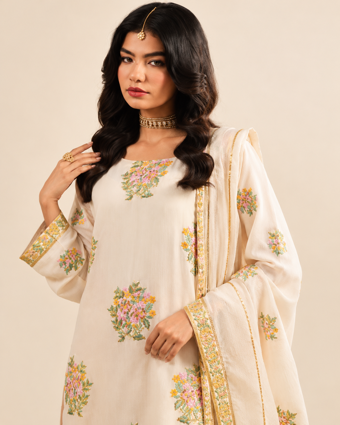 Ivory Floral Embroidered Dhanak 3-Piece Suit with Chiffon Dupatta - AL-846