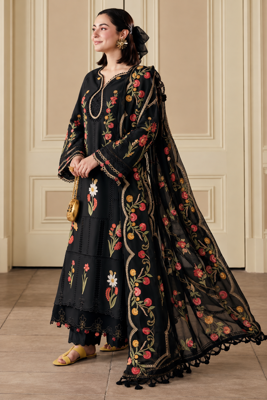 Black Rose Floral Embroidered Dhanak 3-Piece Suit with Shawl