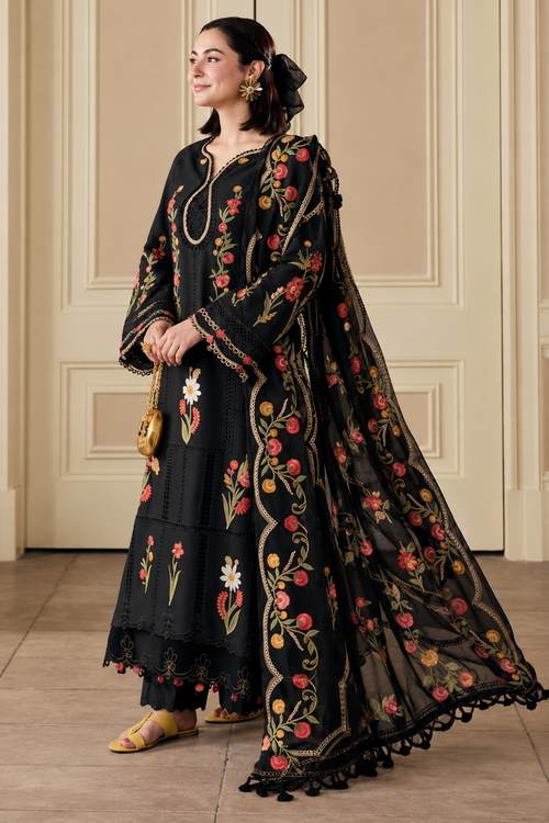 Black Rose Floral Embroidered Dhanak 3-Piece Suit with Shawl view 1