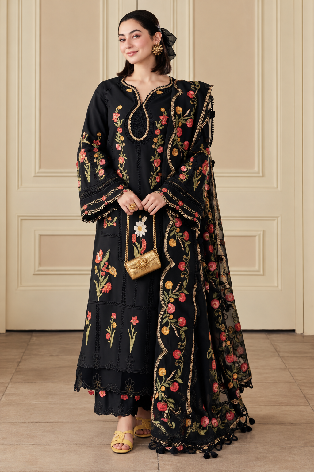 Black Rose Floral Embroidered Dhanak 3-Piece Suit with Shawl