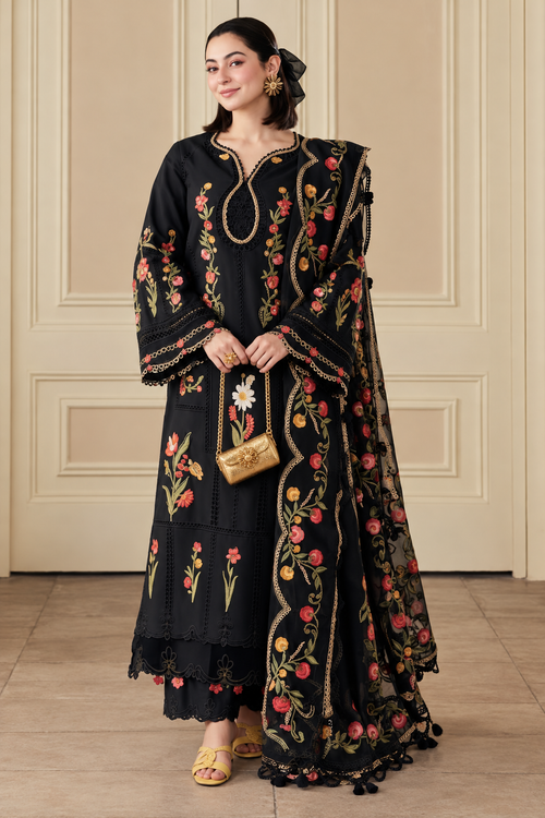 Black Rose Floral Embroidered Dhanak 3-Piece Suit with Shawl view 2