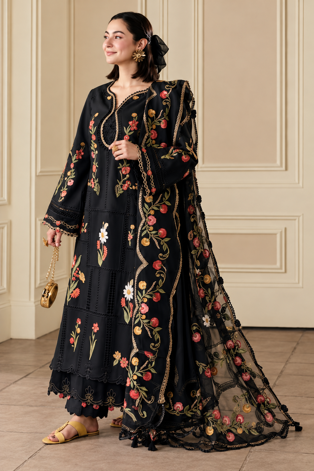 Black Rose Floral Embroidered Dhanak 3-Piece Suit with Shawl