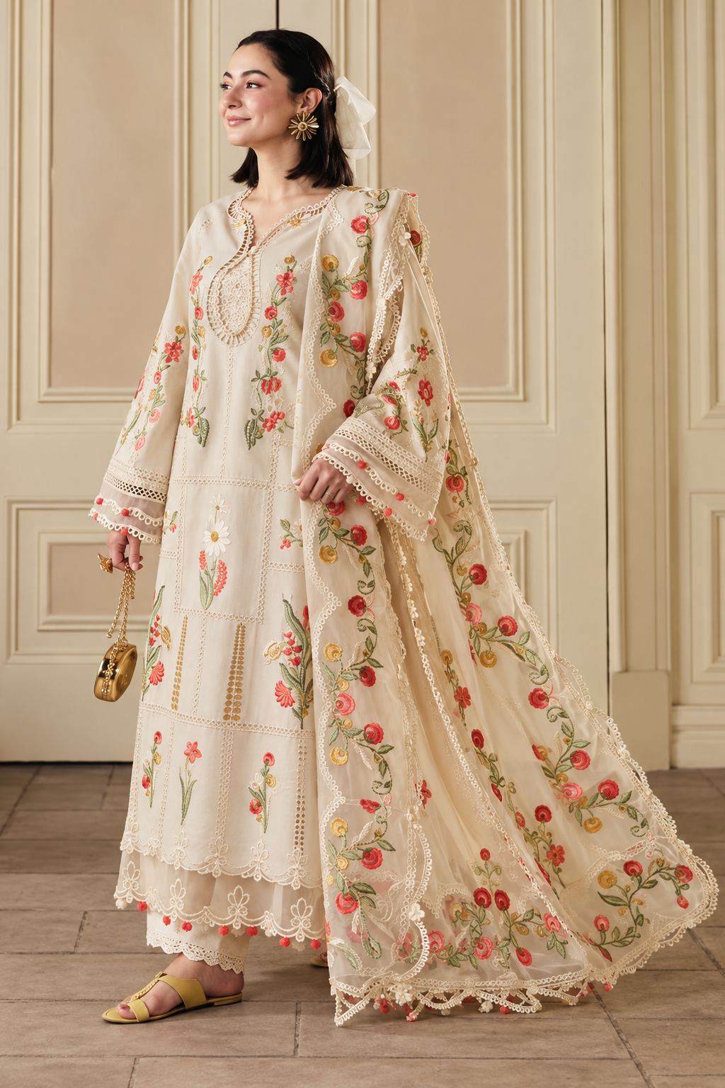 Ivory Rose Floral Embroidered Dhanak 3-Piece Suit with Shawl