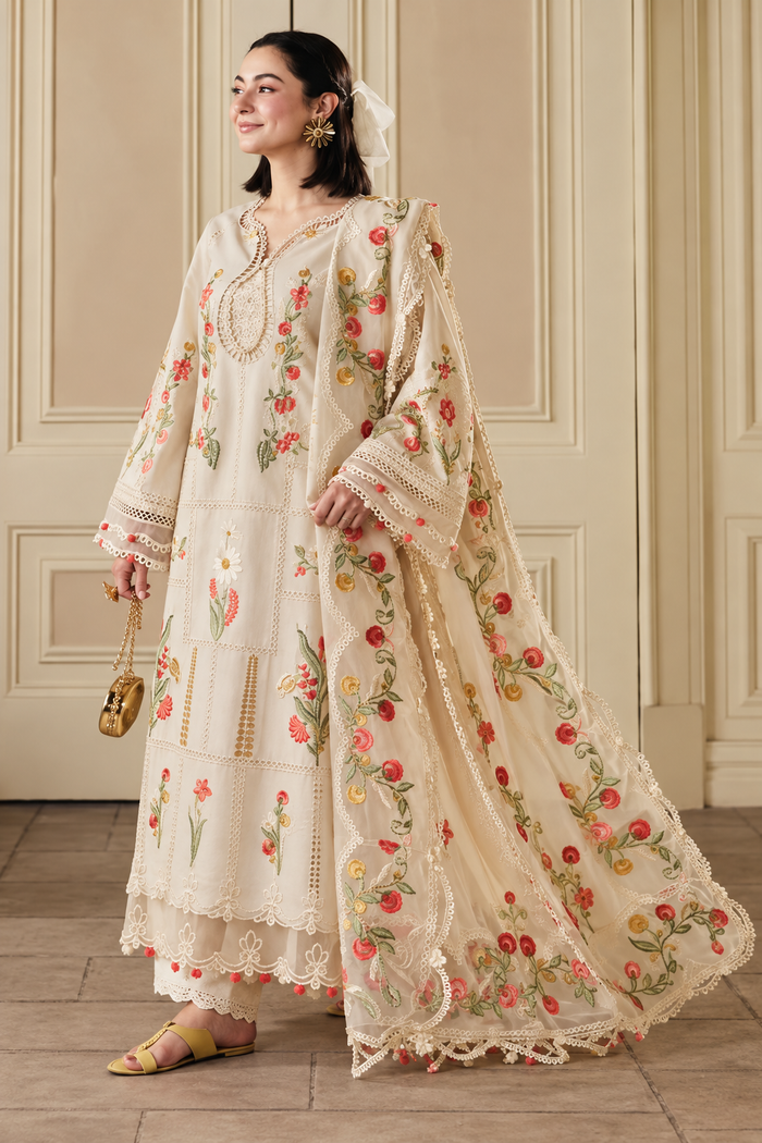 Ivory Rose Floral Embroidered Dhanak 3-Piece Suit with Shawl