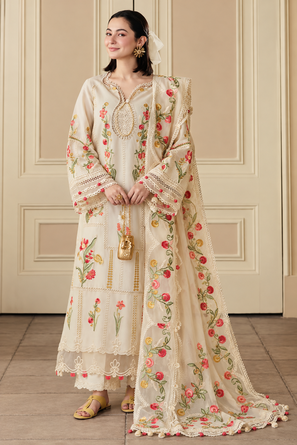 Ivory Rose Floral Embroidered Dhanak 3-Piece Suit with Shawl