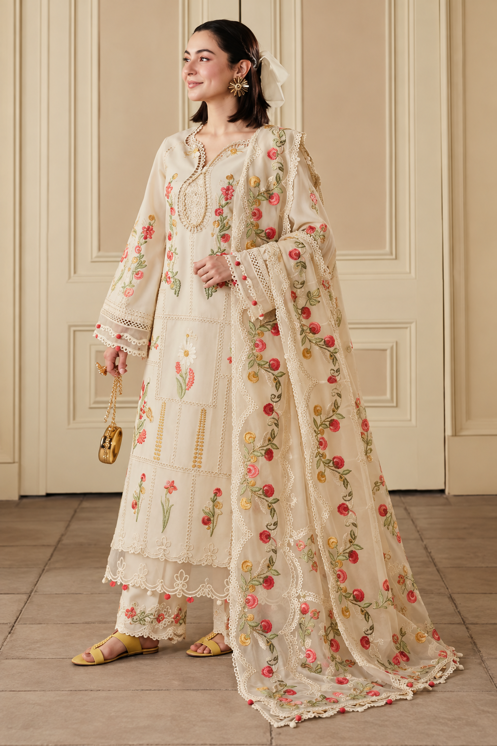 Ivory Rose Floral Embroidered Dhanak 3-Piece Suit with Shawl