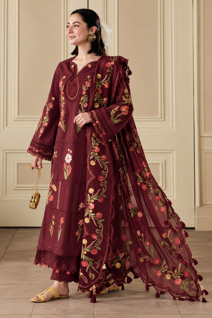 Maroon Rose Floral Embroidered Dhanak 3-Piece Suit with Shawl